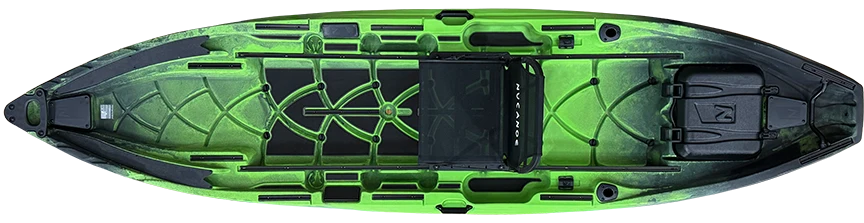 Top view of the NuCanoe UNLIMITED MAX fishing kayak in NUclear Green