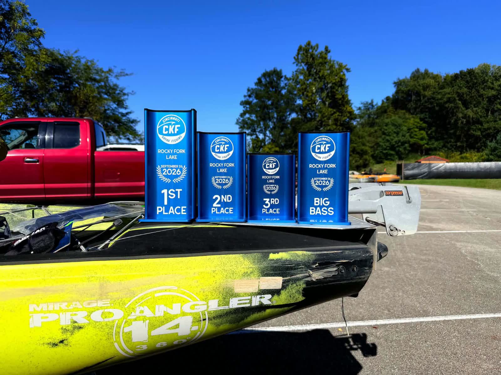 Blue CKF trophies for the September 26, 2026 Rocky Fork Lake event